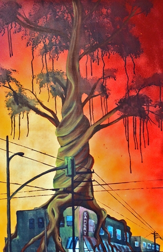 Erns Valdez, "Mr. Killen's Neighborhood," 2014, aerosol and acrylic on canvas, 24 × 36"